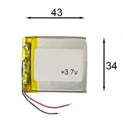 Аккумулятор 2 провода 1000 mAh, 3.7V, размер 43 x 34 x 6,5 мм.